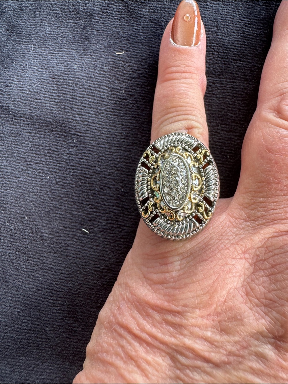 Two-Tone Silvertone and Goldtone Statement Ring with Crystal Accents Size 8 1/2